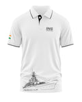 White men's polo t-shirt with INS Sumitra print, ship graphic, and Indian flag on sleeve.