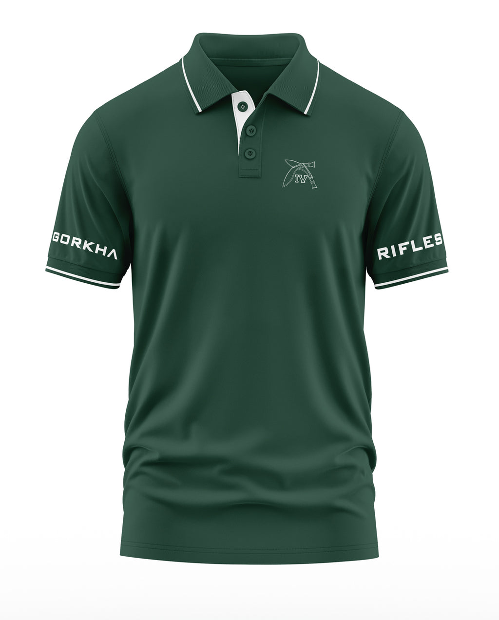 Men's green Gorkha Rifles polo t-shirt with white trim, army-inspired embroidery