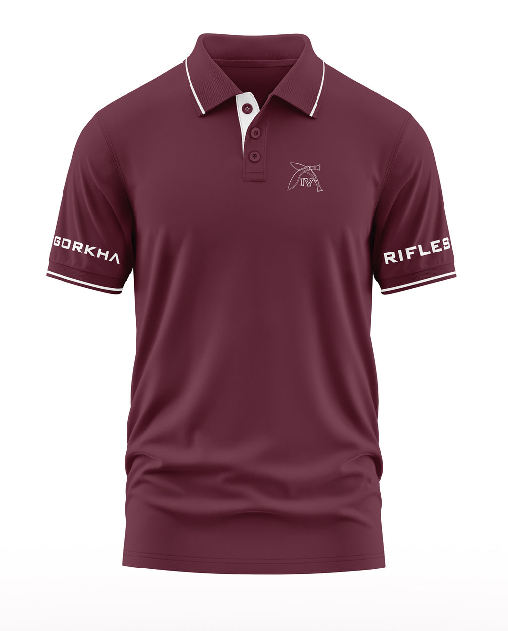 Men's maroon polo T-shirt with Gorkha Rifles text on sleeves and army-inspired insignia on chest