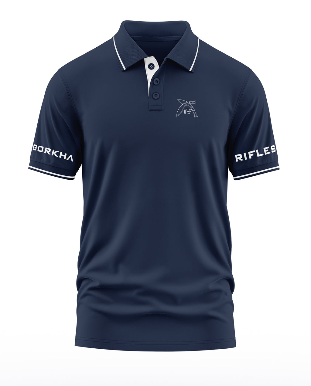 Navy blue men's polo t-shirt with white piping, Gorkha Rifles text on sleeves, and chest logo