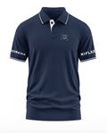Navy blue men's polo t-shirt with white piping, Gorkha Rifles text on sleeves, and chest logo