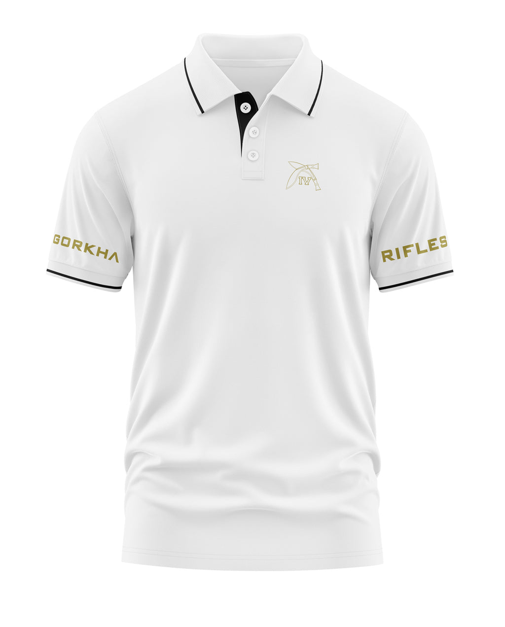 White men's polo t-shirt with black collar trim, gold Gorkha Rifles text on sleeves, and embroidered crest