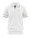 White men's polo t-shirt with black collar trim, gold Gorkha Rifles text on sleeves, and embroidered crest