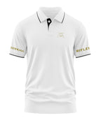 White men's polo t-shirt with black collar trim, gold Gorkha Rifles text on sleeves, and embroidered crest