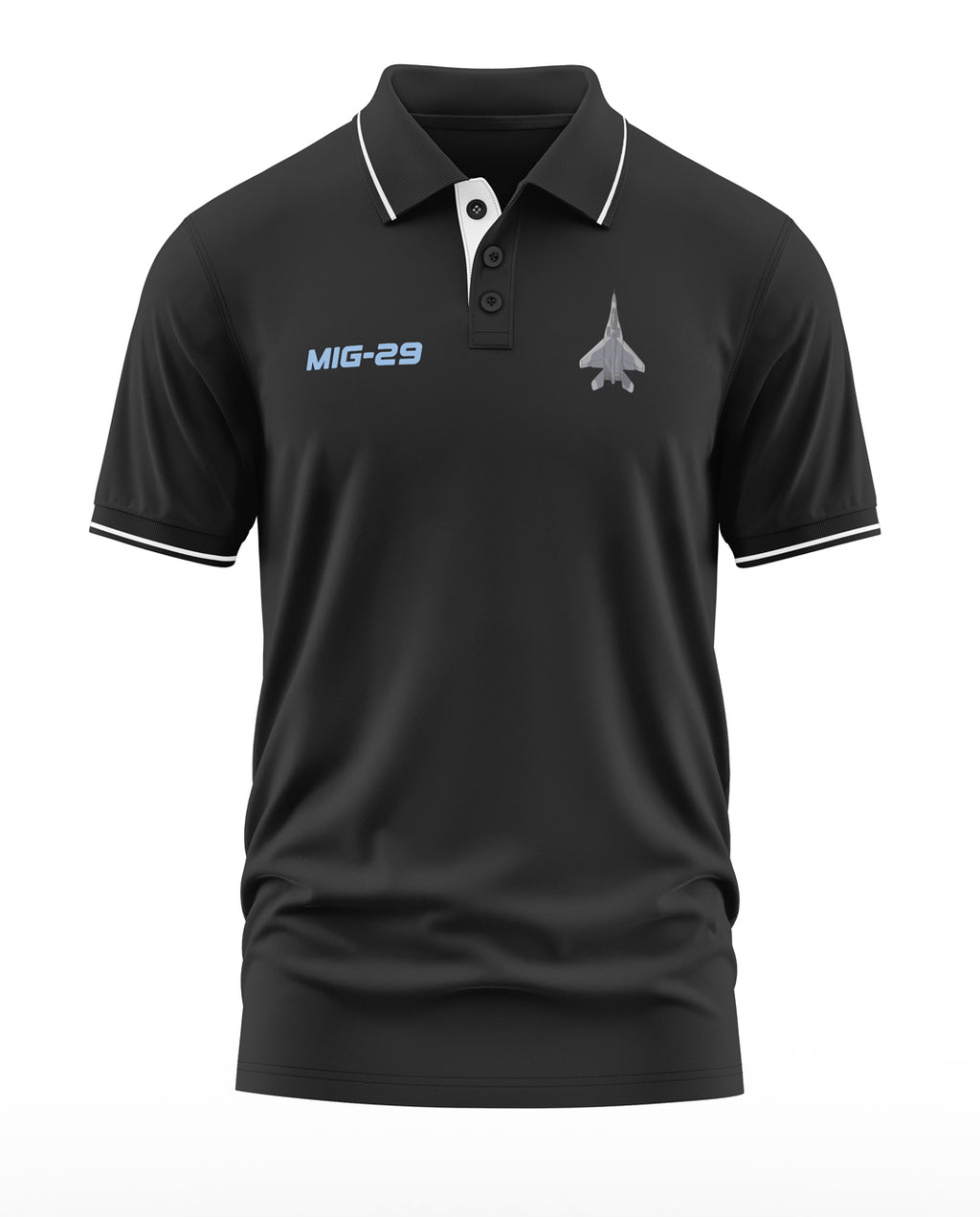Black men's polo t-shirt with MIG-29 text and fighter jet graphic, white trim on collar and sleeves