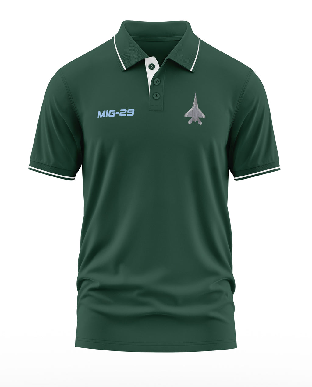 Green men's polo shirt with MIG-29 text and jet graphic on chest