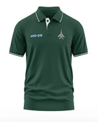 Green men's polo shirt with MIG-29 text and jet graphic on chest