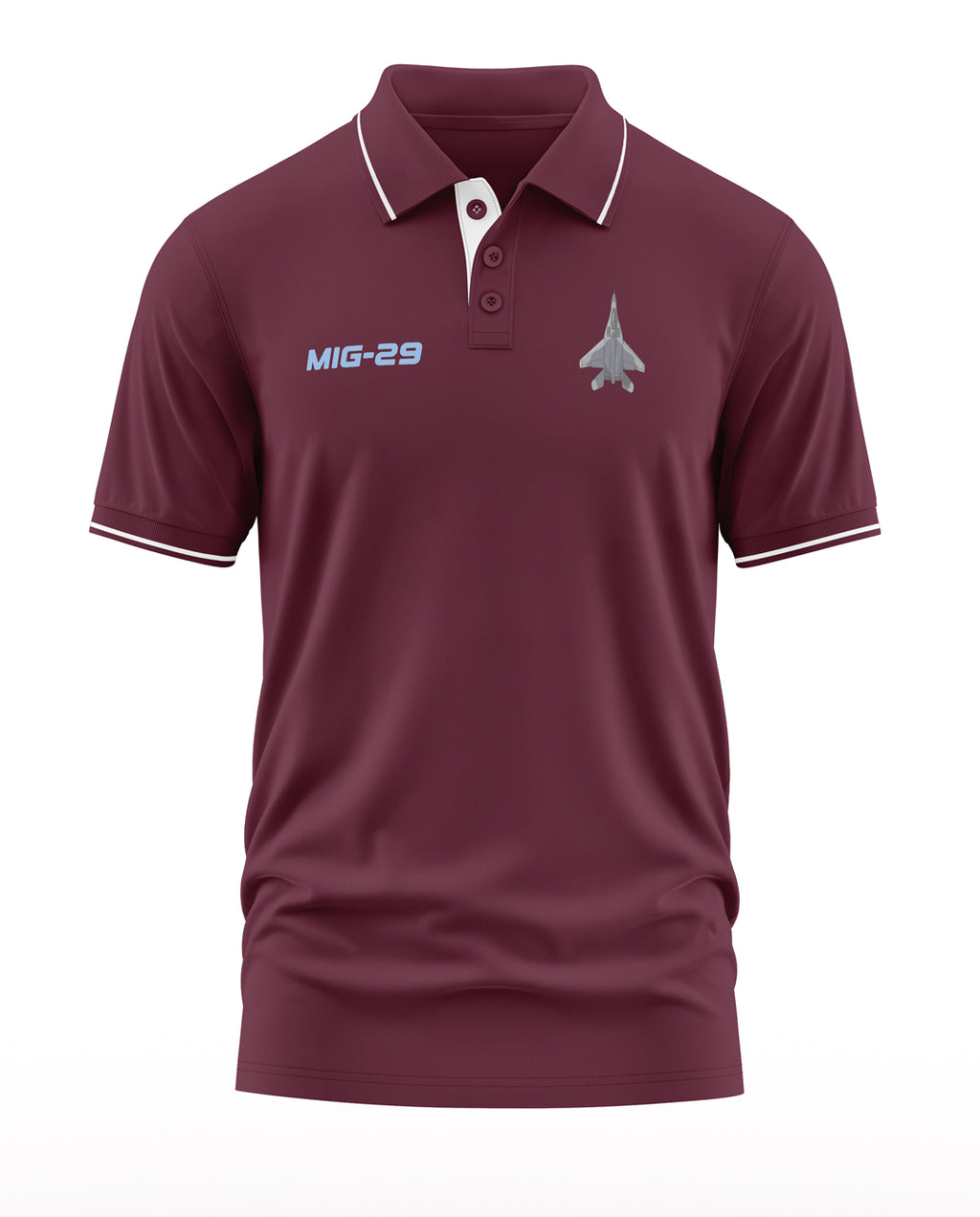 Maroon men's polo t-shirt with MIG-29 jet graphic and white trim, military fashion style