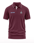 Maroon men's polo t-shirt with MIG-29 jet graphic and white trim, military fashion style