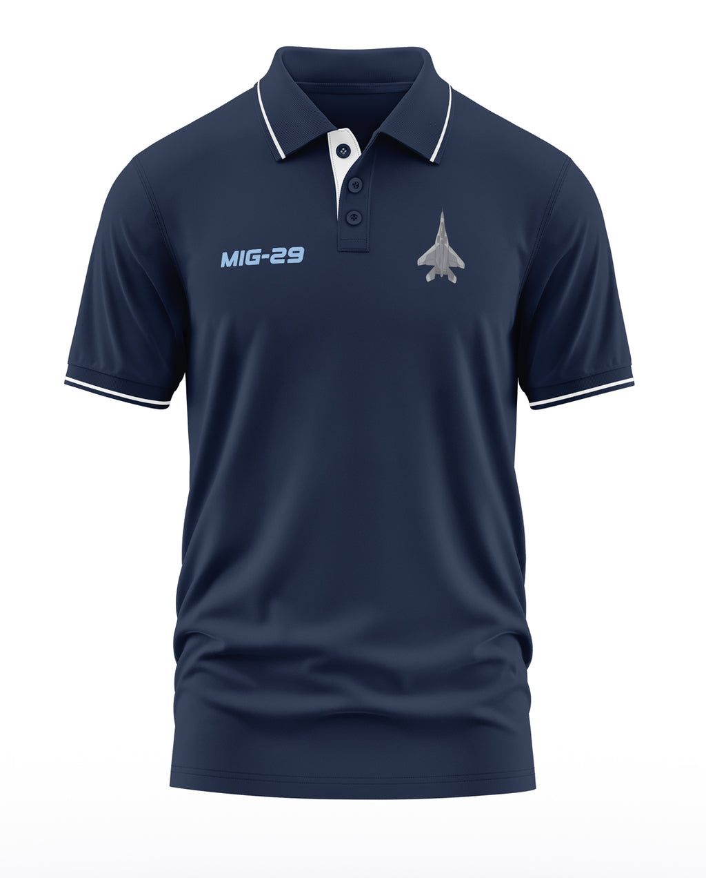 Navy blue men's polo t-shirt featuring MIG-29 text and fighter jet graphic on chest