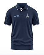 Navy blue men's polo t-shirt featuring MIG-29 text and fighter jet graphic on chest
