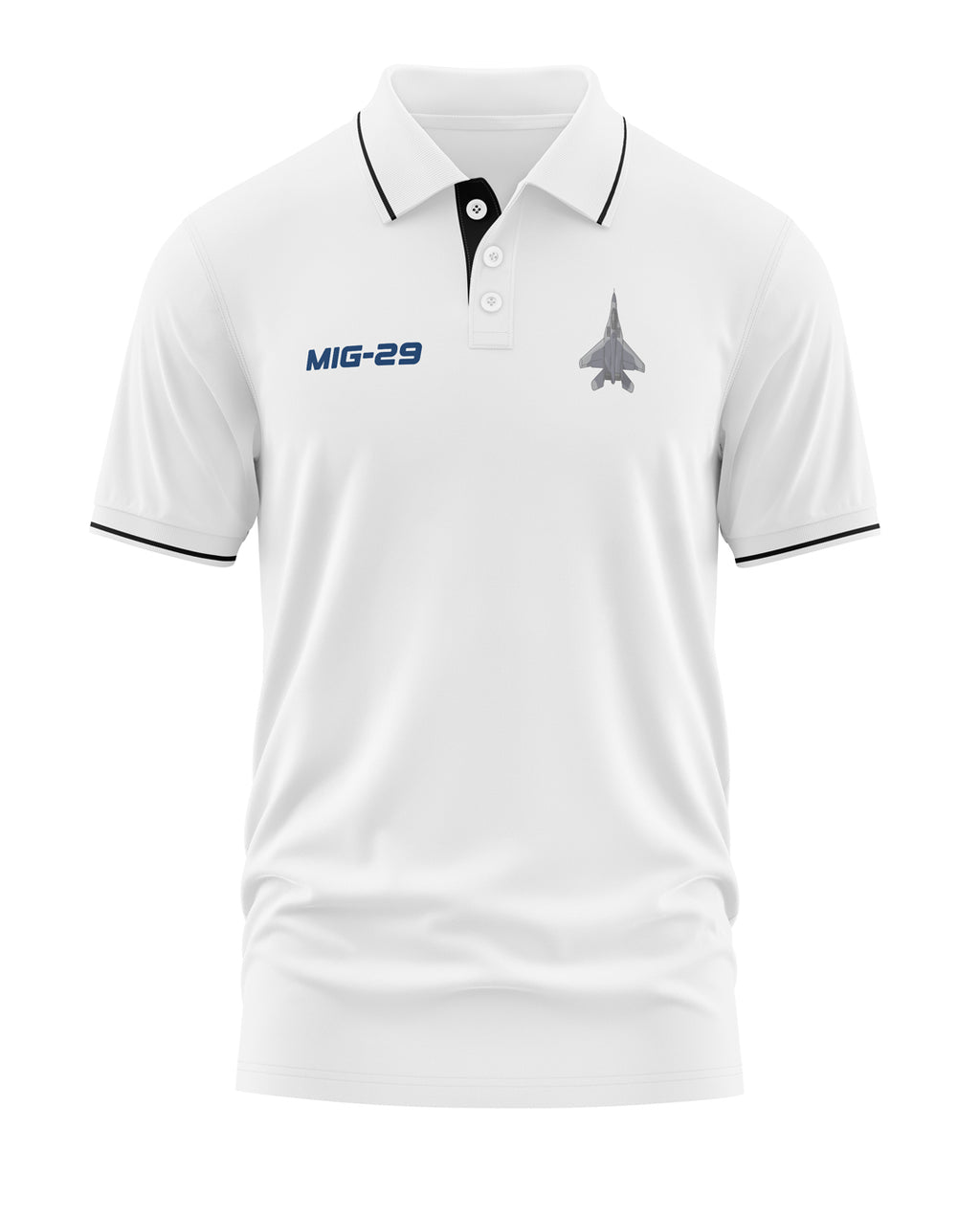 White polo t-shirt with black trim, MIG-29 text and fighter jet graphic on chest