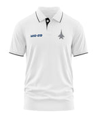 White polo t-shirt with black trim, MIG-29 text and fighter jet graphic on chest