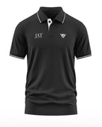 Black men's polo t-shirt with white collar accents and embroidered chest logos