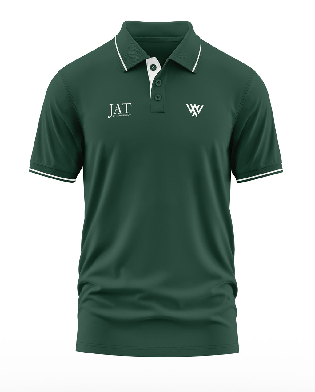 Men's green polo t-shirt with white trim, army-inspired embroidery, and short sleeves