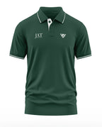 Men's green polo t-shirt with white trim, army-inspired embroidery, and short sleeves