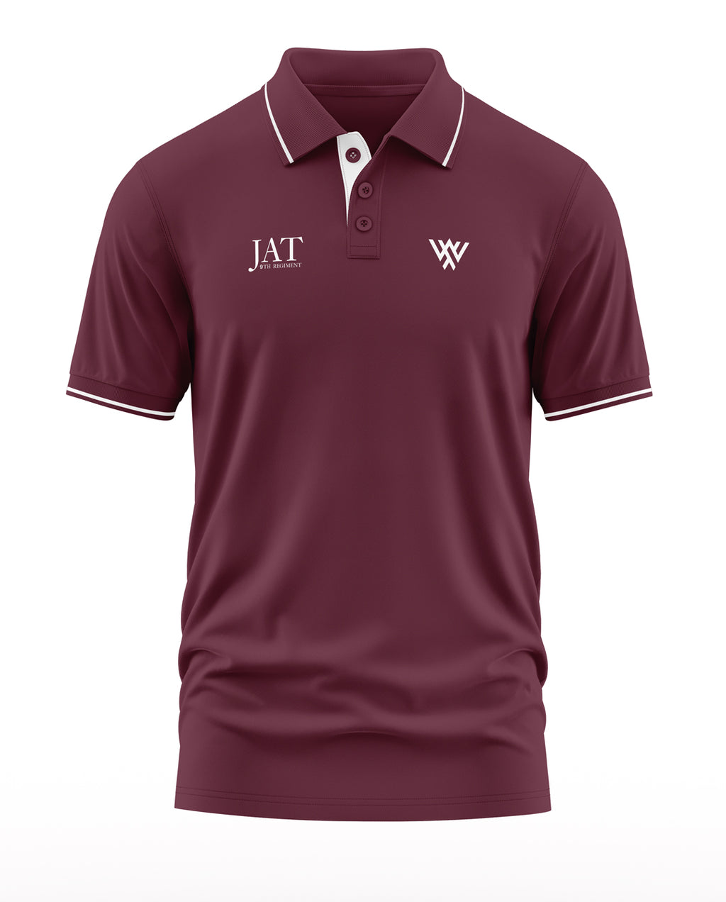 Maroon men's polo T-shirt with white trim, embroidered logos, short sleeves, army-inspired style