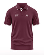 Maroon men's polo T-shirt with white trim, embroidered logos, short sleeves, army-inspired style