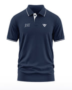 Navy blue men's polo t-shirt with white trim, army-inspired text, and embroidered logo