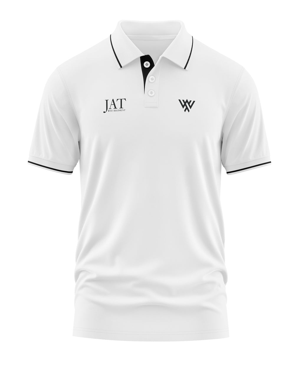 White men's polo t-shirt with black collar trim, chest logos, and short sleeves
