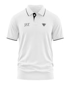 White men's polo t-shirt with black collar trim, chest logos, and short sleeves