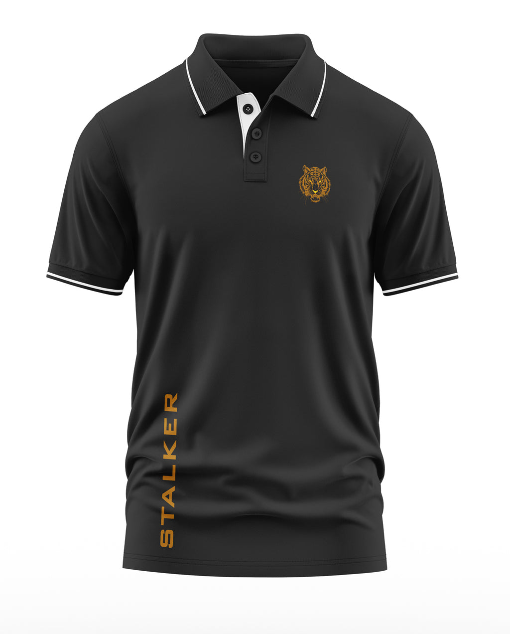 Black men's polo t-shirt with tiger emblem, white trim, and 'STALKER' text on side