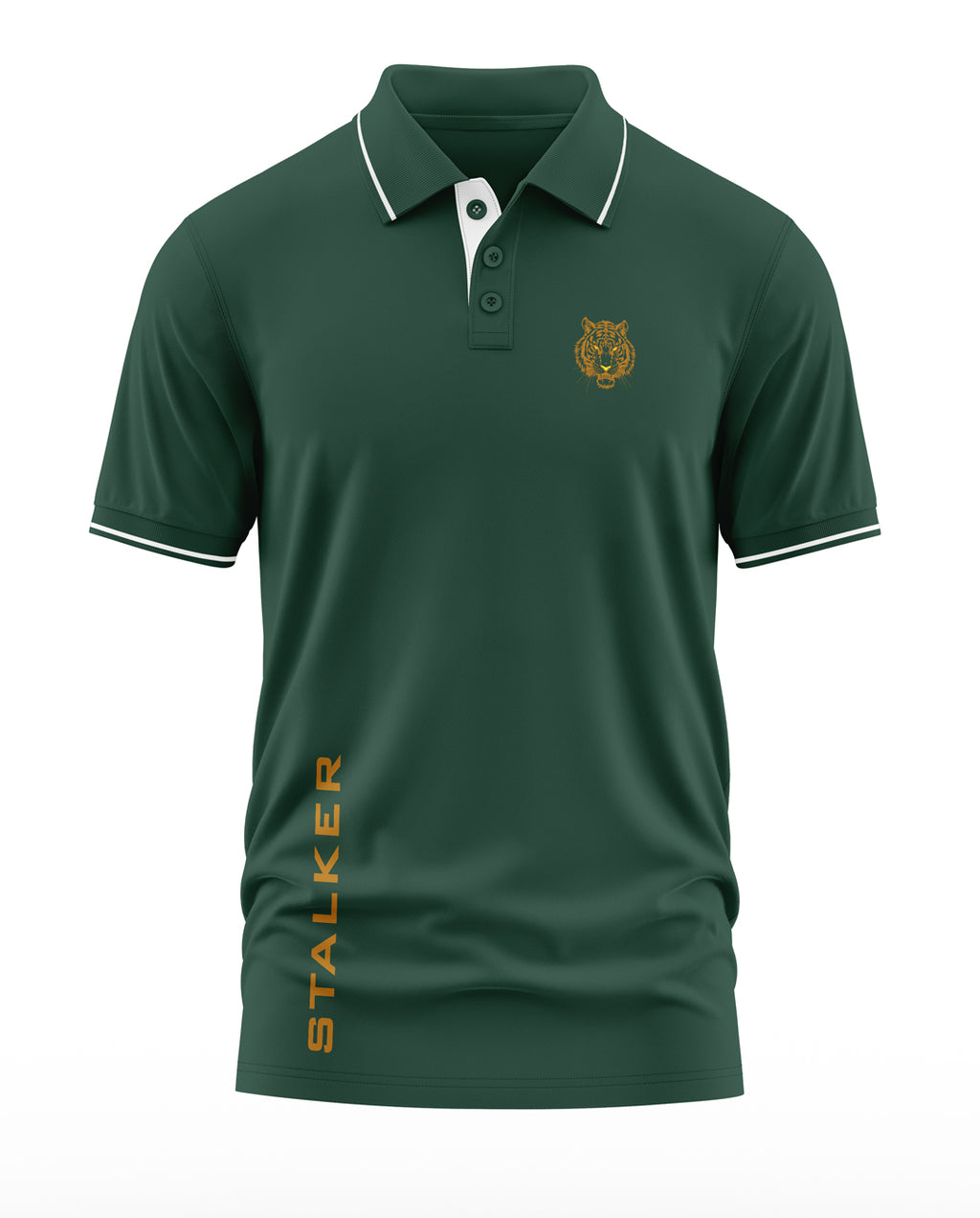 Green men's polo t-shirt with tiger logo, white trim, and 'STALKER' text in yellow.