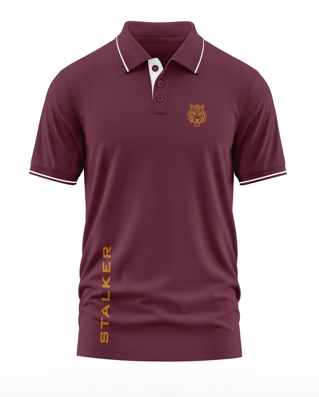 Maroon men's polo t-shirt with tiger emblem, white trim, and 'STALKER' text on front