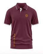 Maroon men's polo t-shirt with tiger emblem, white trim, and 'STALKER' text on front