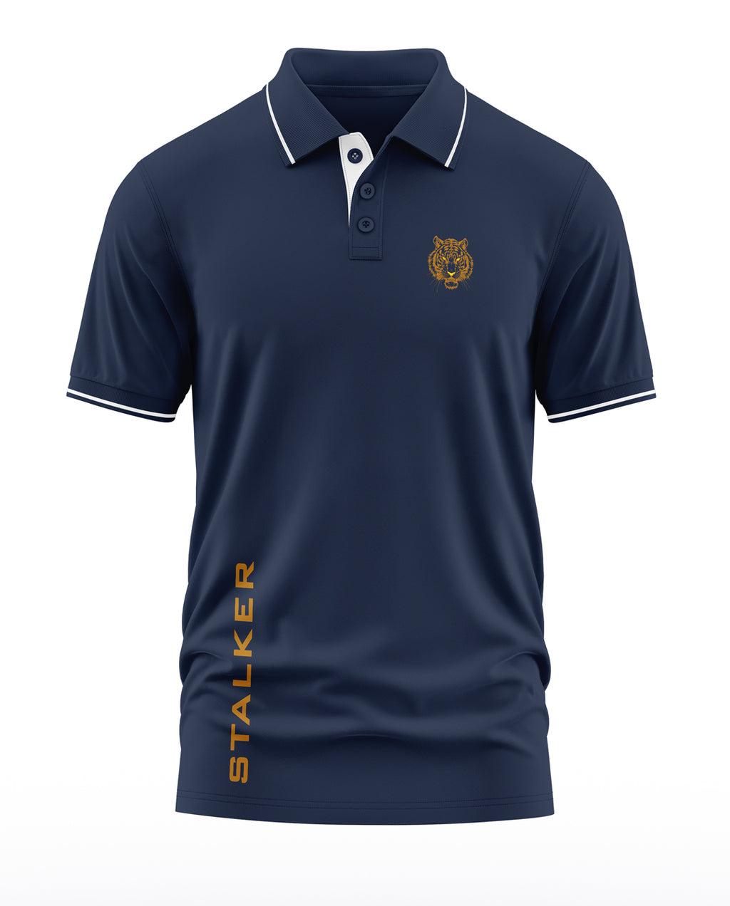 Navy blue men's polo t-shirt with tiger emblem and 'STALKER' text, army-inspired design.