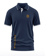 Navy blue men's polo t-shirt with tiger emblem and 'STALKER' text, army-inspired design.