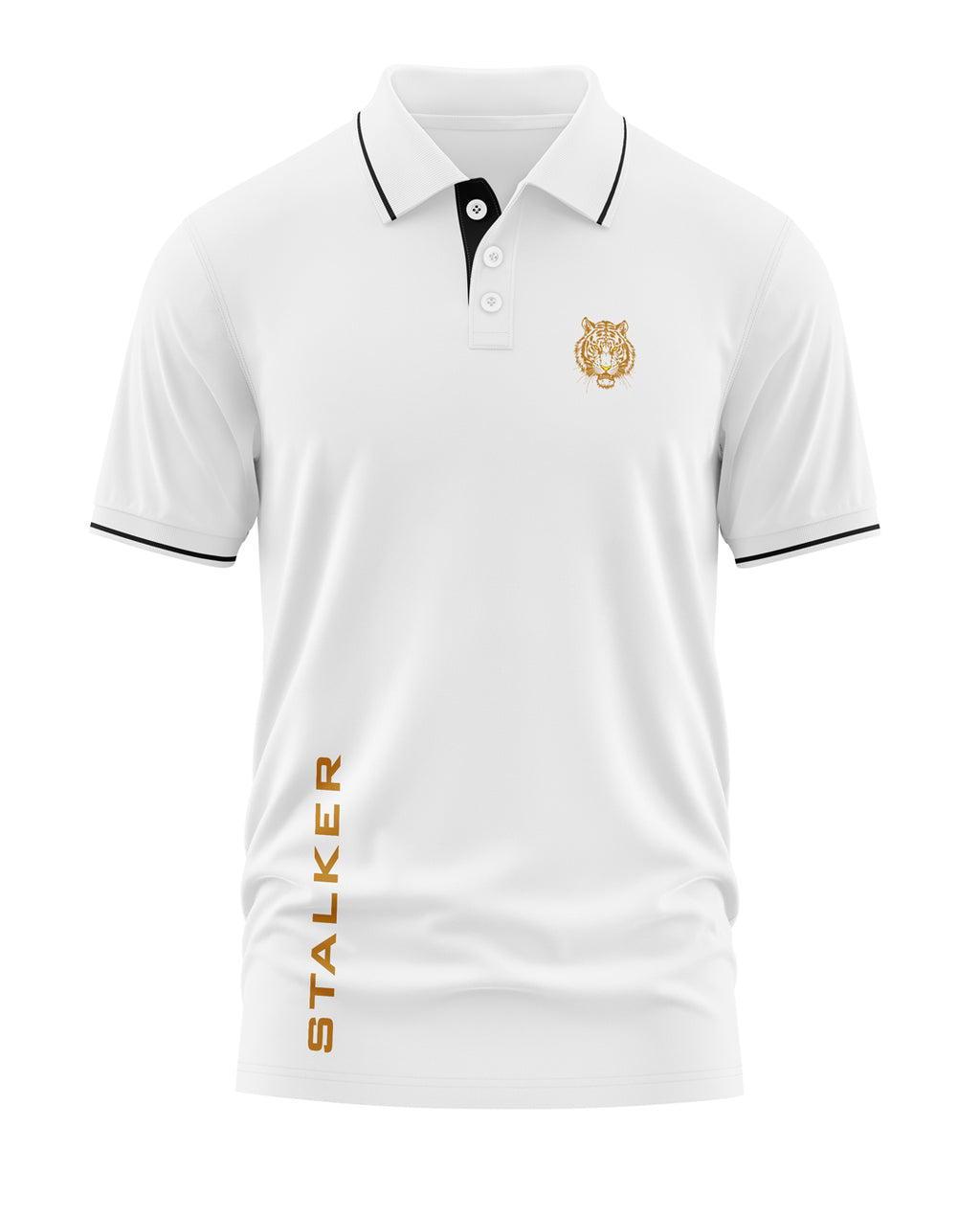 White men's polo t-shirt with black trim, tiger emblem, and 'STALKER' text on front