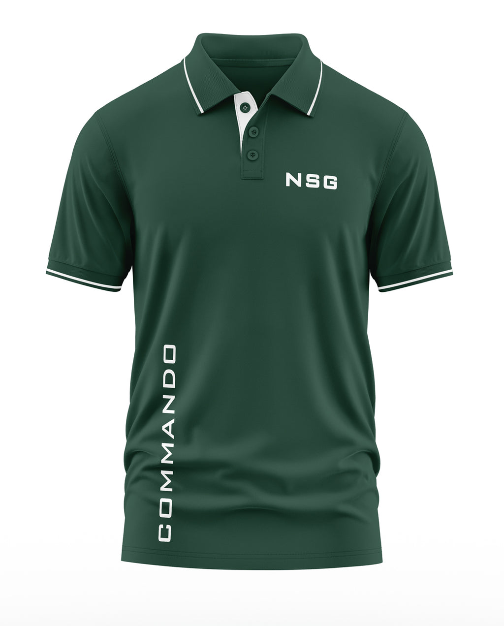 Green men's polo t-shirt with NSG chest print and vertical COMMANDO text, army-inspired design