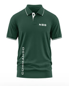 Green men's polo t-shirt with NSG chest print and vertical COMMANDO text, army-inspired design