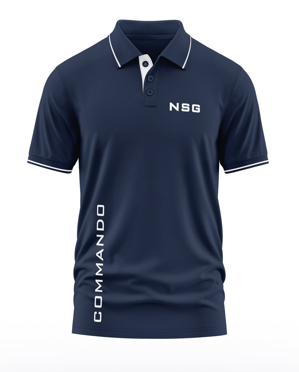 Navy blue men's polo t-shirt with white NSG and Commando text, short sleeves, button collar.