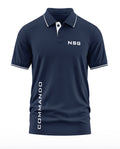 Navy blue men's polo t-shirt with white NSG and Commando text, short sleeves, button collar.