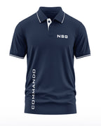 Navy blue men's polo t-shirt with white NSG and Commando text, short sleeves, button collar.