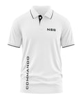 White men's polo t-shirt with black NSG logo and COMMANDO text, army-inspired design