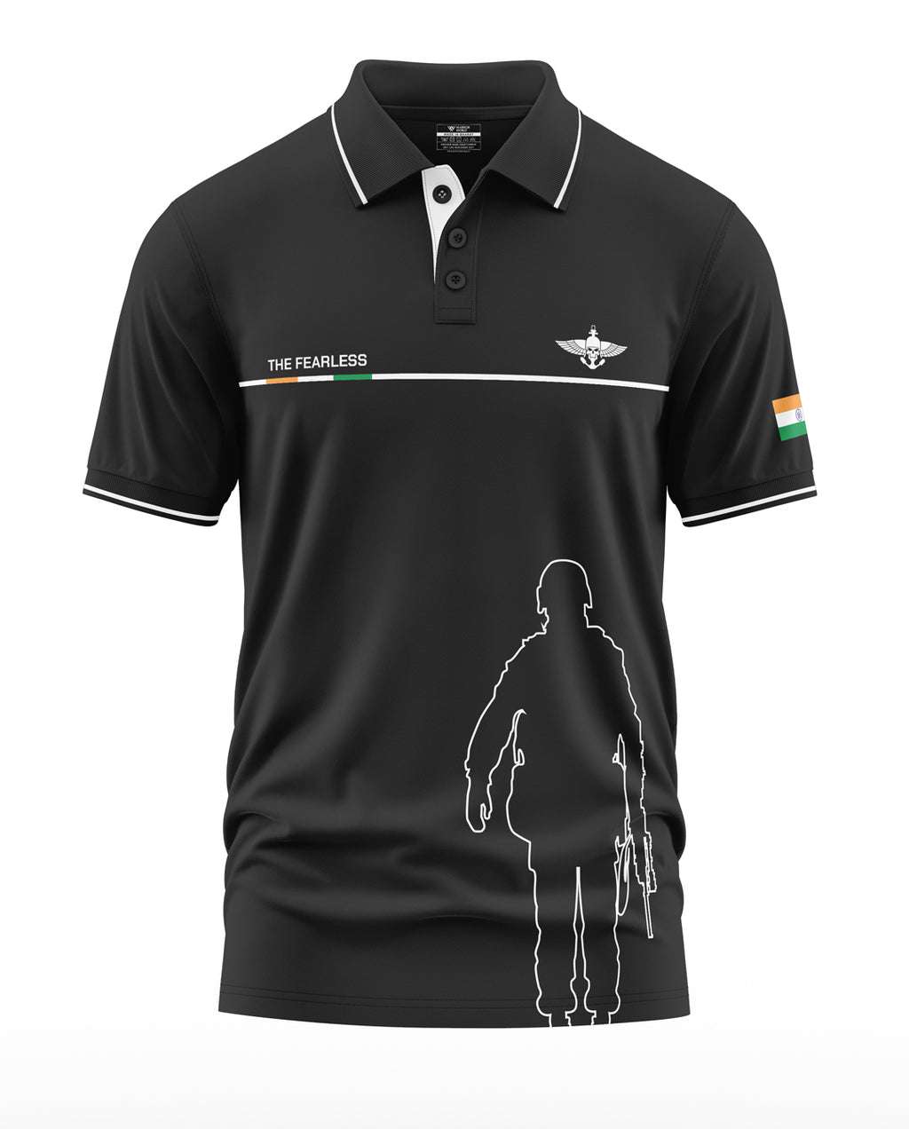 Black men's polo t-shirt with white piping, 'The Fearless' text, army silhouette, and Indian flag sleeve patch