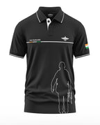 Black men's polo t-shirt with white piping, 'The Fearless' text, army silhouette, and Indian flag sleeve patch
