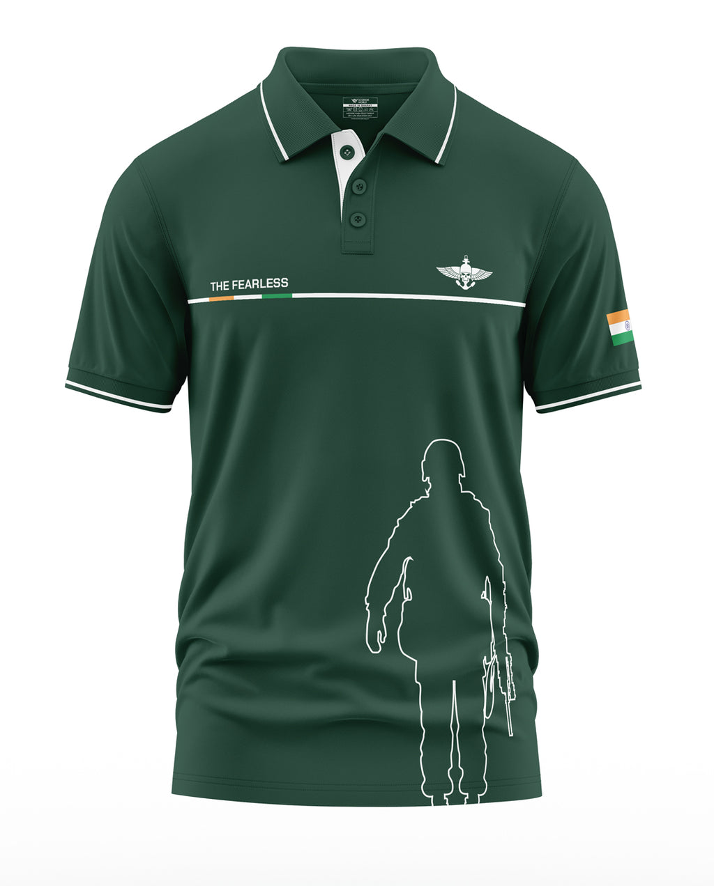 Green men's polo t-shirt with soldier silhouette, army insignia, and India flag patch.