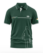 Green men's polo t-shirt with soldier silhouette, army insignia, and India flag patch.