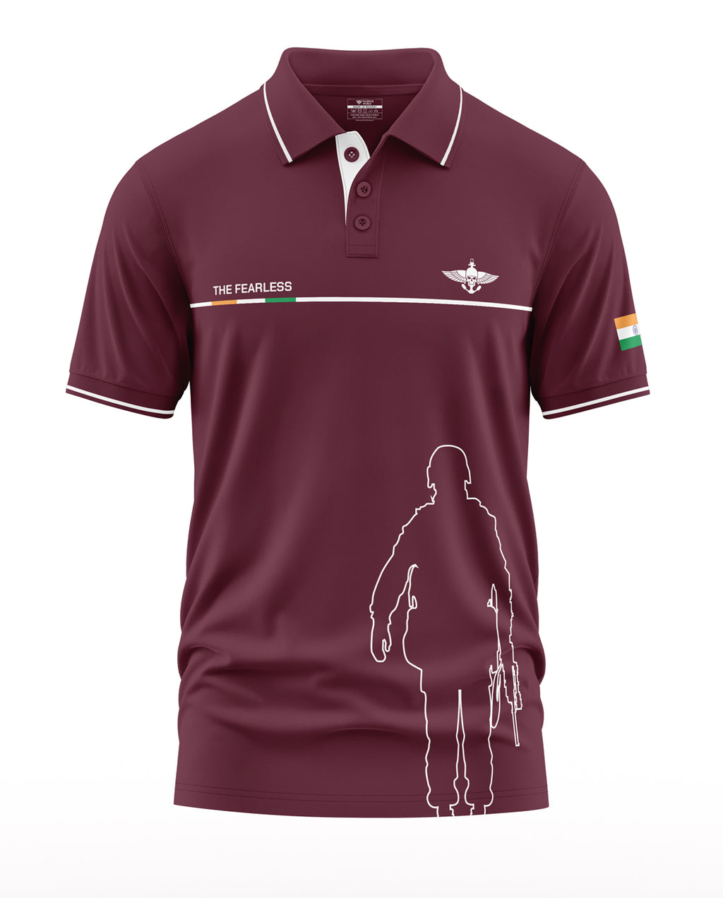 Maroon men's polo t-shirt with army soldier silhouette, 'The Fearless' text, and Indian flag sleeve patch