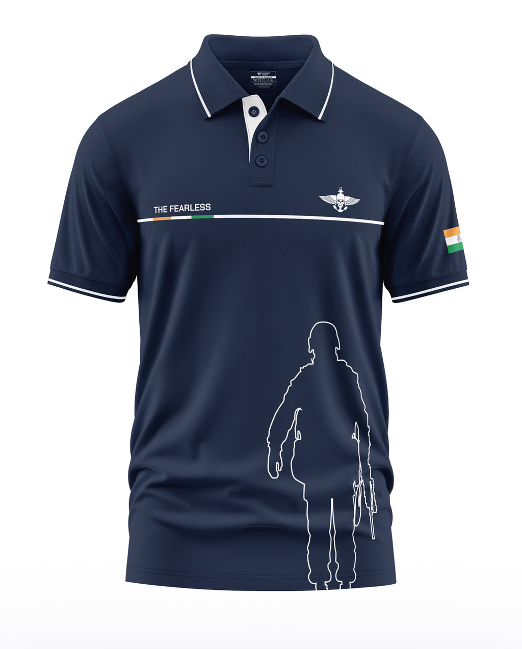 Navy blue polo t-shirt with soldier graphic, 'The Fearless' text, and Indian flag sleeve patch