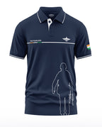 Navy blue polo t-shirt with soldier graphic, 'The Fearless' text, and Indian flag sleeve patch