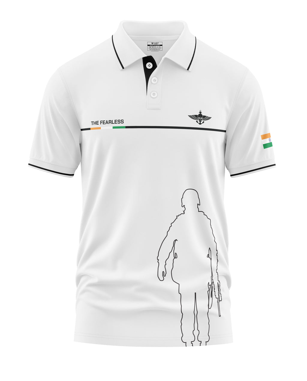 White men's polo t-shirt with soldier outline, Indian flag detail, and 'The Fearless' text