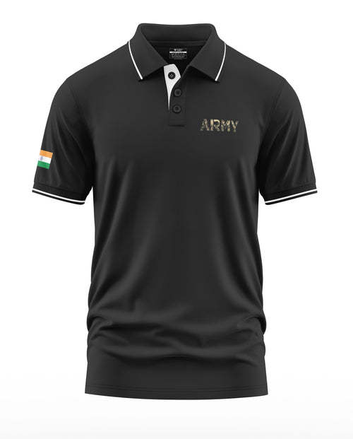 Black men's polo t-shirt with Army text and Indian flag patch on sleeve, white trim details