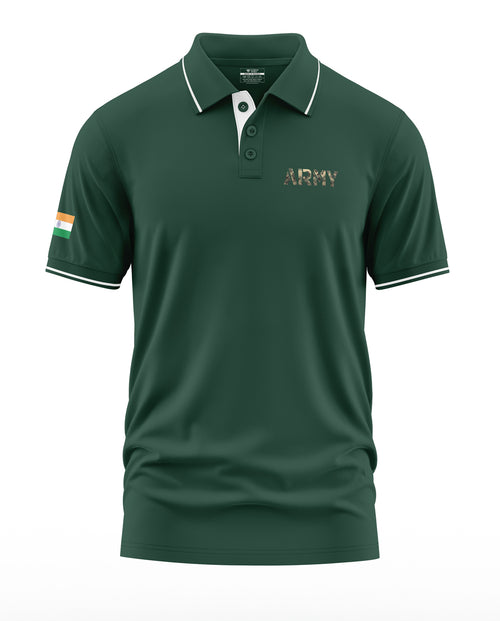 Dark green men's polo t-shirt with 'ARMY' text and Indian flag patch on the sleeve
