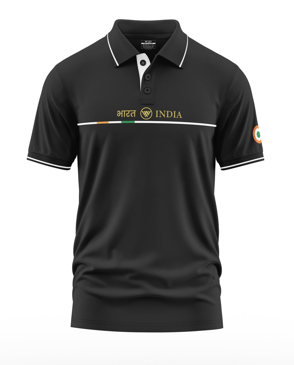 Black polo t-shirt with white trim, India flag colors and Bharat India text design