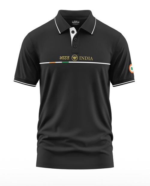 Black polo t-shirt with white trim, India flag colors and Bharat India text design